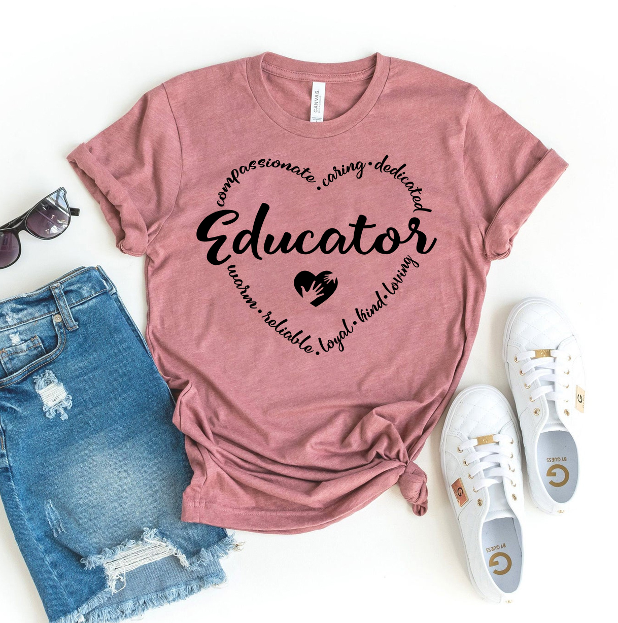 A stylish Educator T-shirt made from premium ring spun cotton, featuring a soft textile flex print design, available in various sizes.