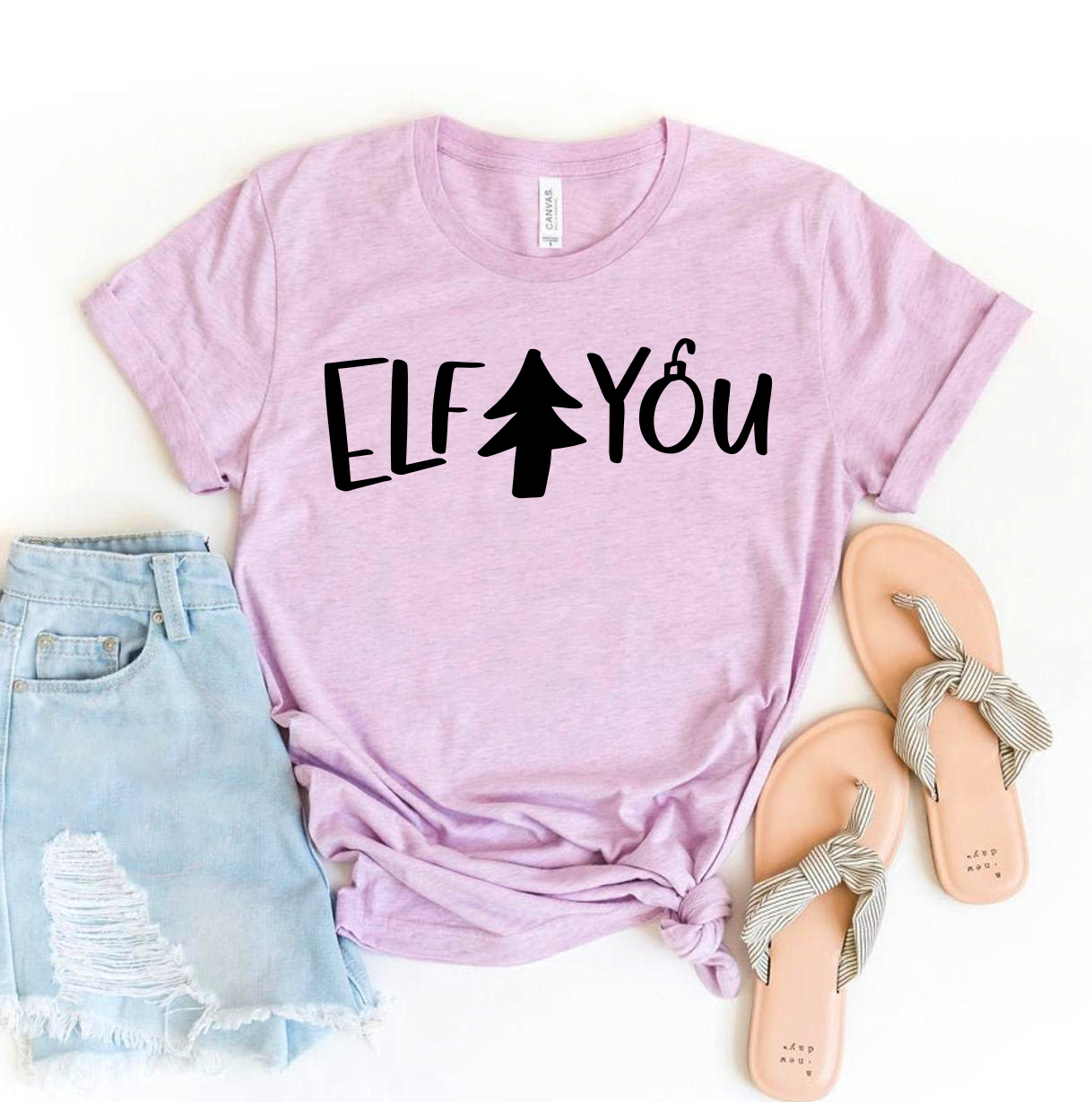 Elf You T-shirt made of premium ring spun cotton with a vibrant flex print design, available in various sizes.