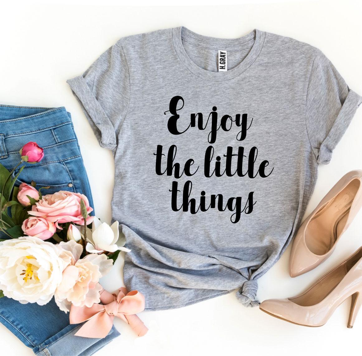 Enjoy The Little Things T-shirt made from premium ring spun cotton, featuring a soft textile flex print design.