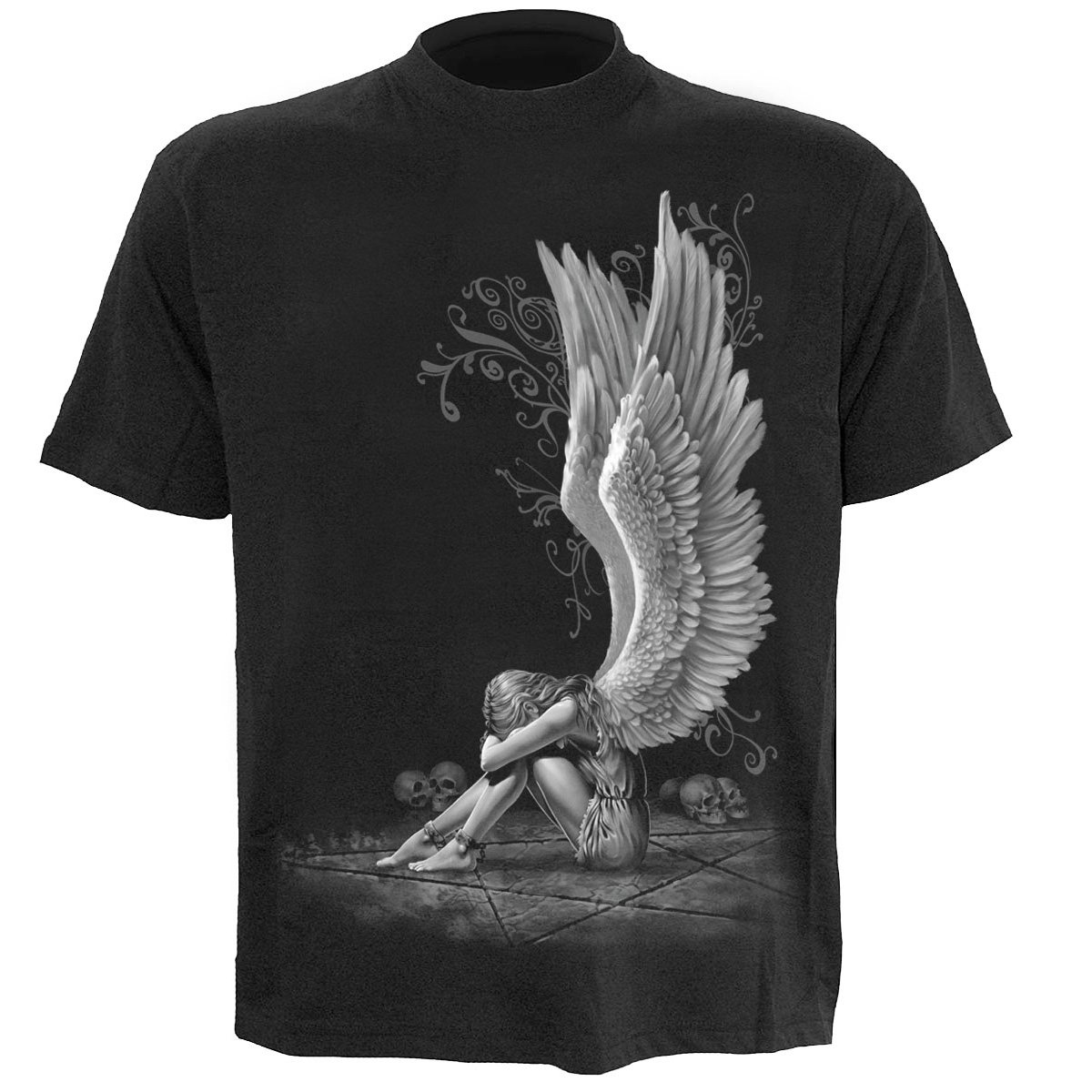 Black t-shirt featuring a chained angel design in a pentagram surrounded by skulls, made from 100% cotton.