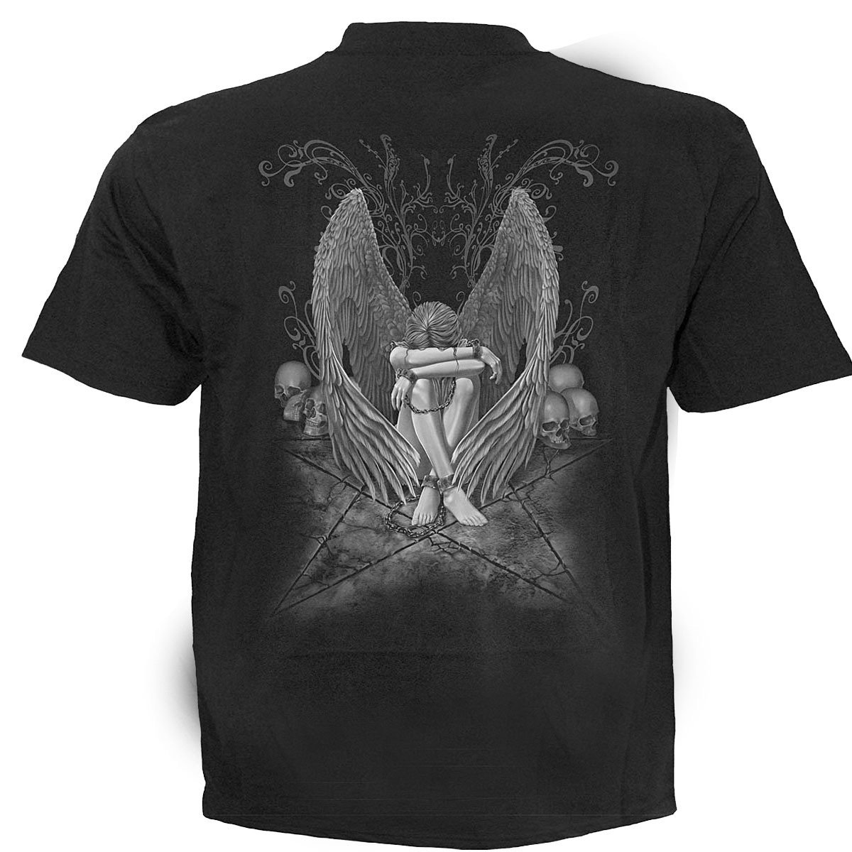 Black t-shirt featuring a chained angel design in a pentagram surrounded by skulls, made from 100% cotton.