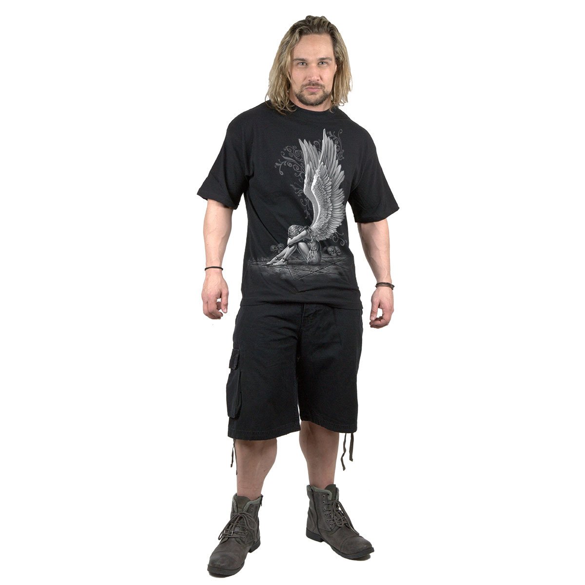 Black t-shirt featuring a chained angel design in a pentagram surrounded by skulls, made from 100% cotton.