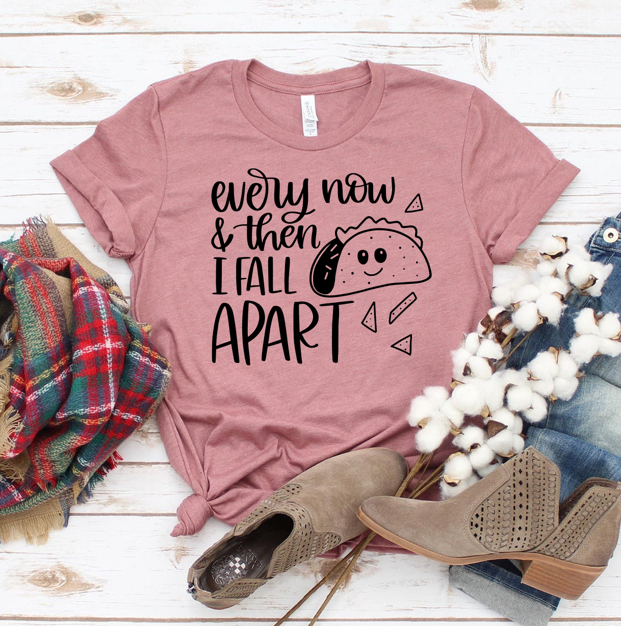 Every Now & Then I Fall Apart T-shirt made of premium ring spun cotton with a soft textile flex print design.