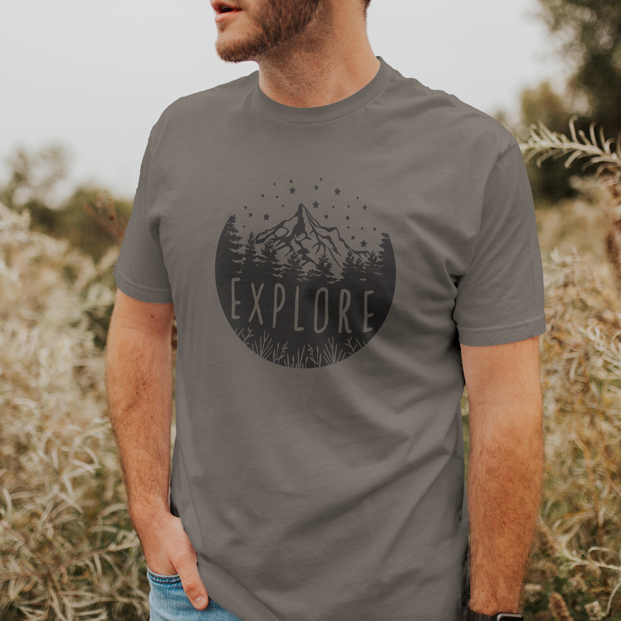 Explore Short Sleeve T-Shirt in soft combed cotton with distressed design, showcasing relaxed fit and eco-friendly print.