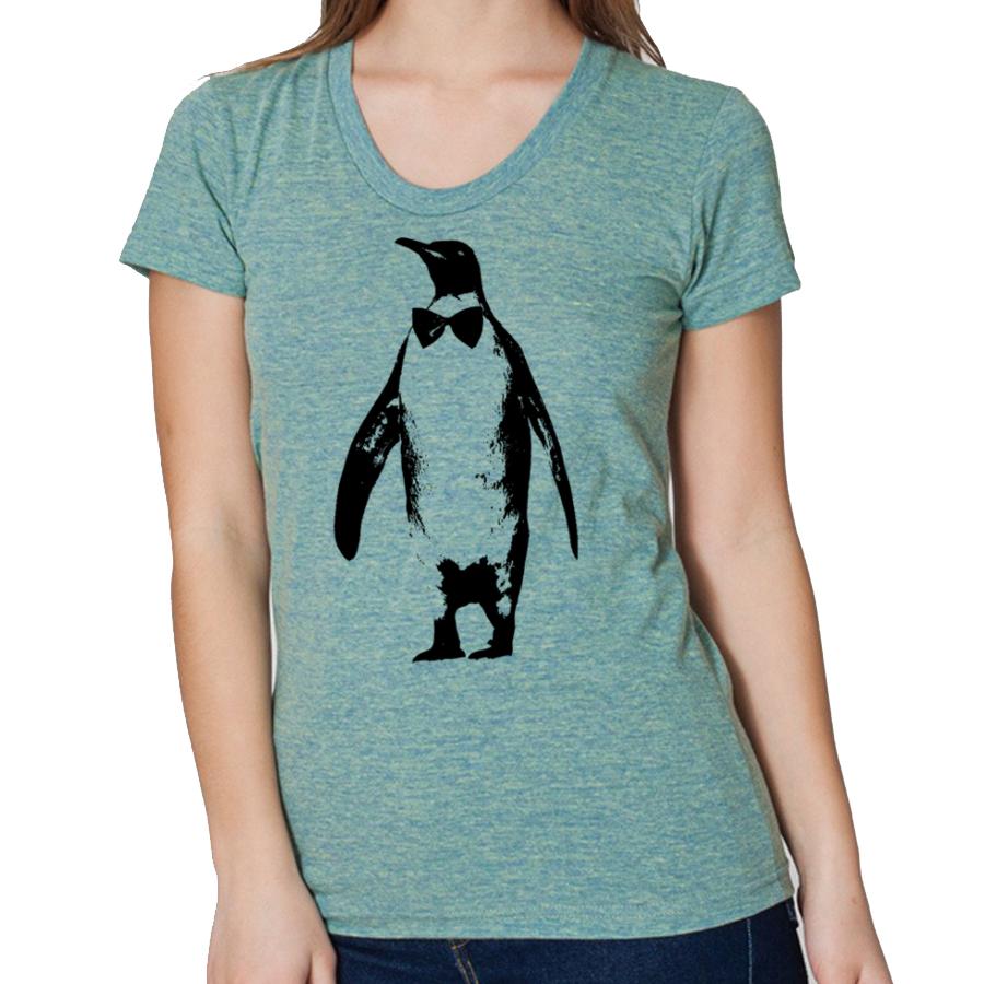 A stylish women's tee featuring a penguin in a bow tie, showcasing a meta formal design, perfect for quirky fashion lovers.