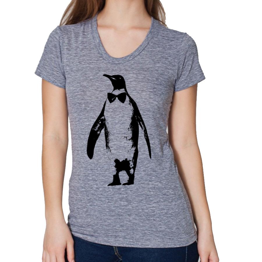 A stylish women's tee featuring a penguin in a bow tie, showcasing a meta formal design, perfect for quirky fashion lovers.