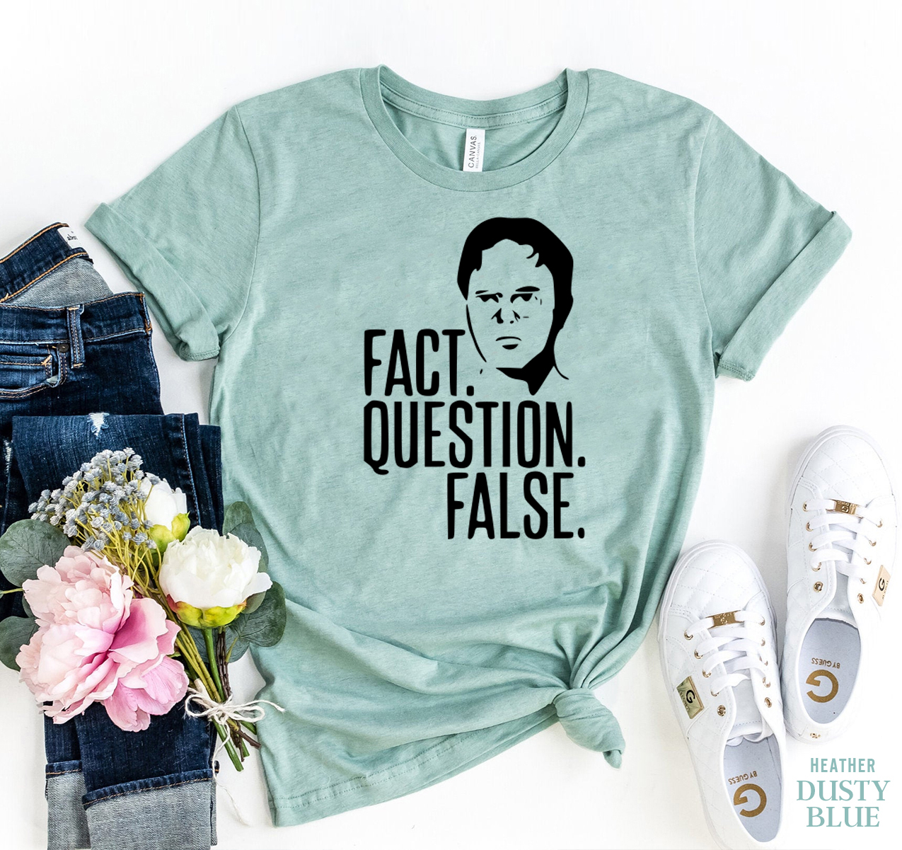 Fact Question False T-shirt made of premium ring spun cotton with a vibrant flex print design, available in various sizes.