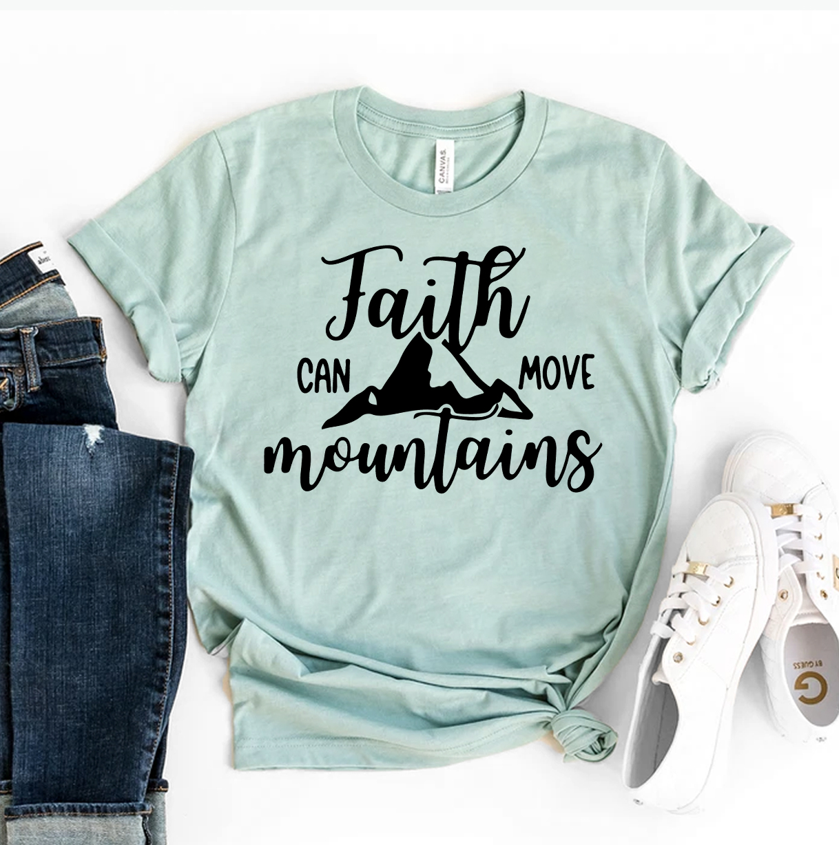 Faith Can Move Mountains T-shirt made of premium ring spun cotton, featuring a vibrant flex print design.