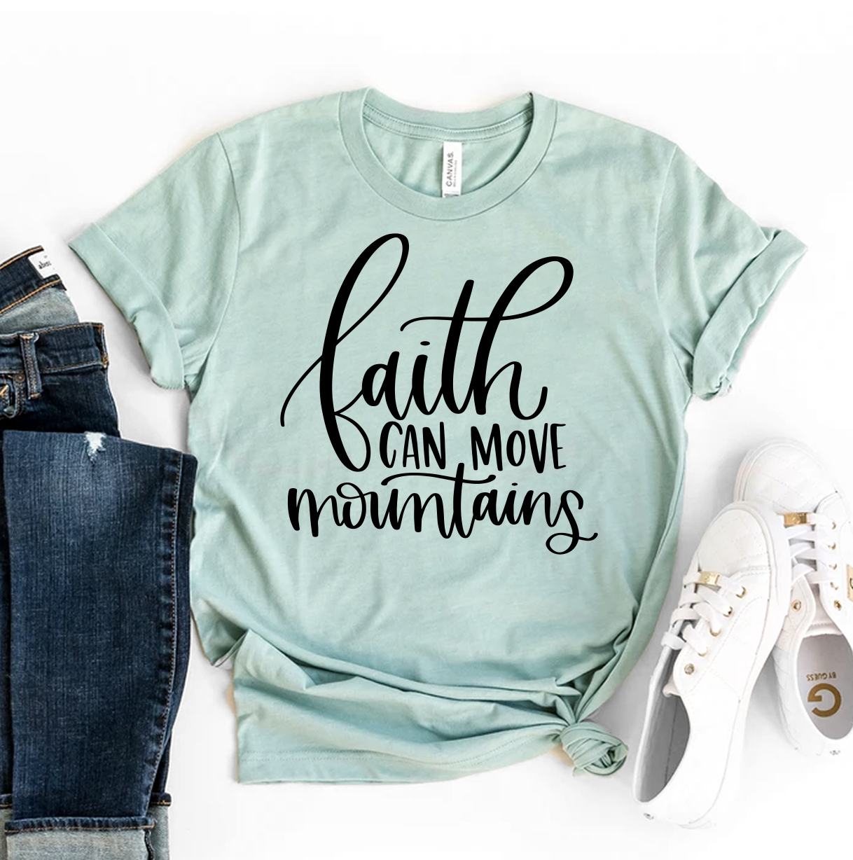 Faith Can Move Mountains T-shirt made of premium ring spun cotton, featuring a soft textile flex print design.