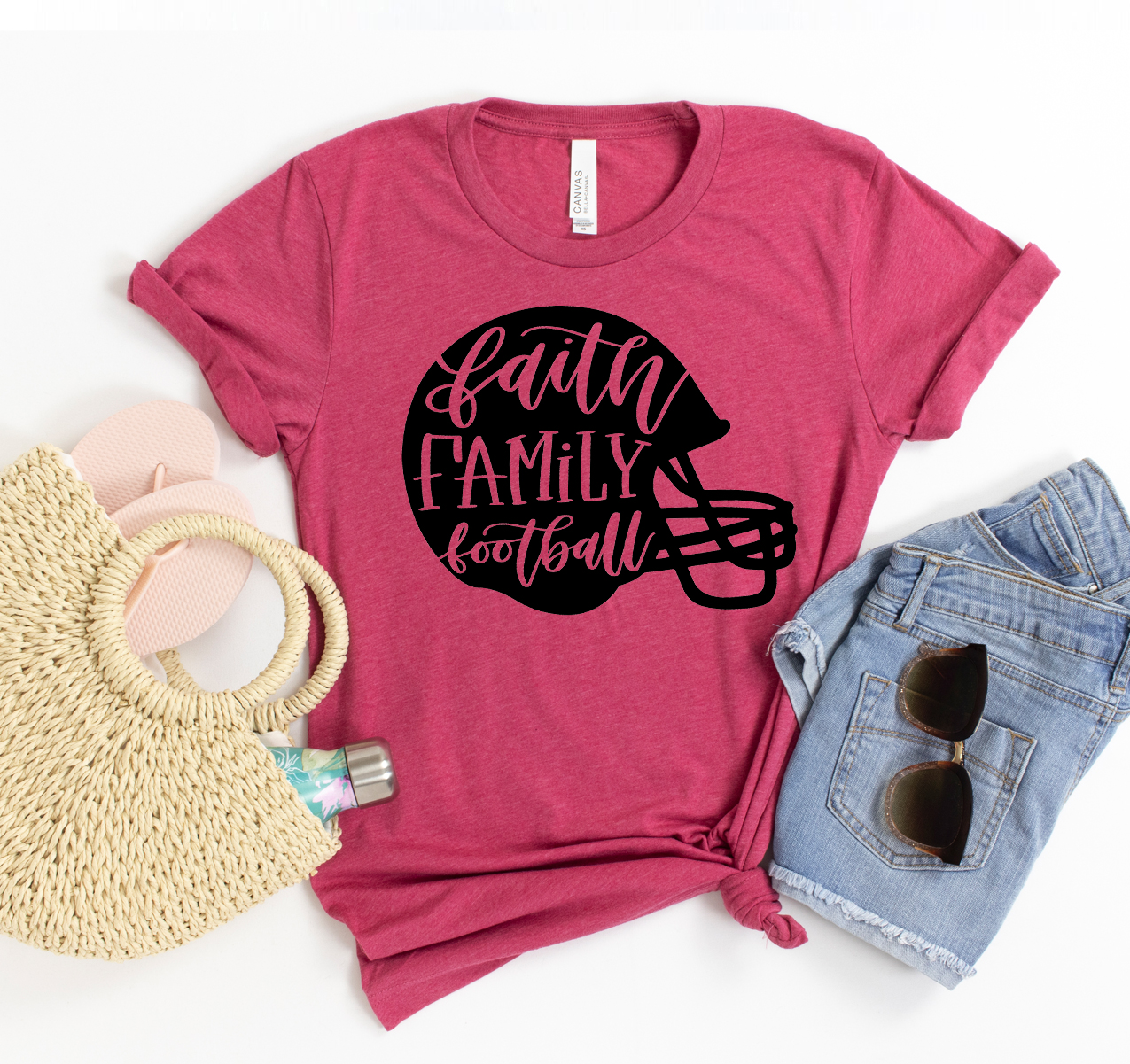 Faith Family Football T-shirt in various sizes, showcasing its soft fabric and classic design.