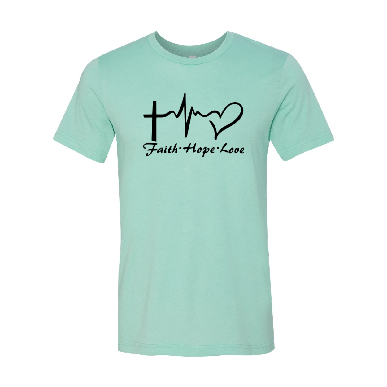 A unisex Faith Hope Love Shirt made from soft ring spun cotton, featuring a crew neck and available in multiple colors.