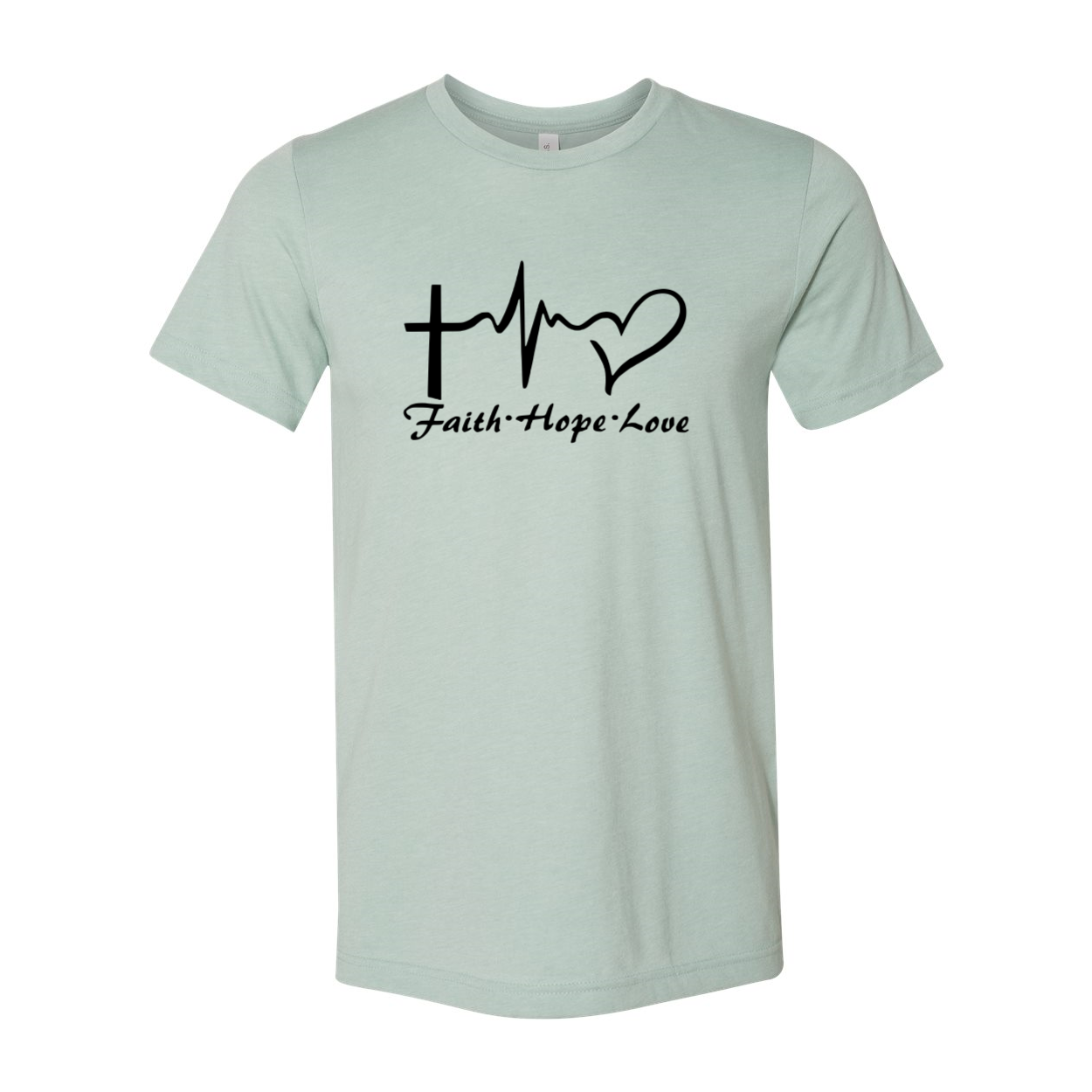 A unisex Faith Hope Love Shirt made from soft ring spun cotton, featuring a crew neck and available in multiple colors.