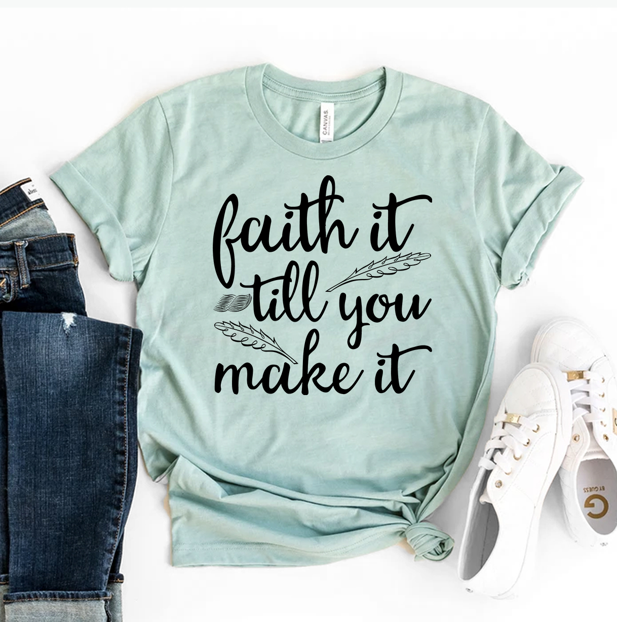 Faith It Till You Make It T-shirt made of premium ring spun cotton with a soft feel and high-quality flex print design.