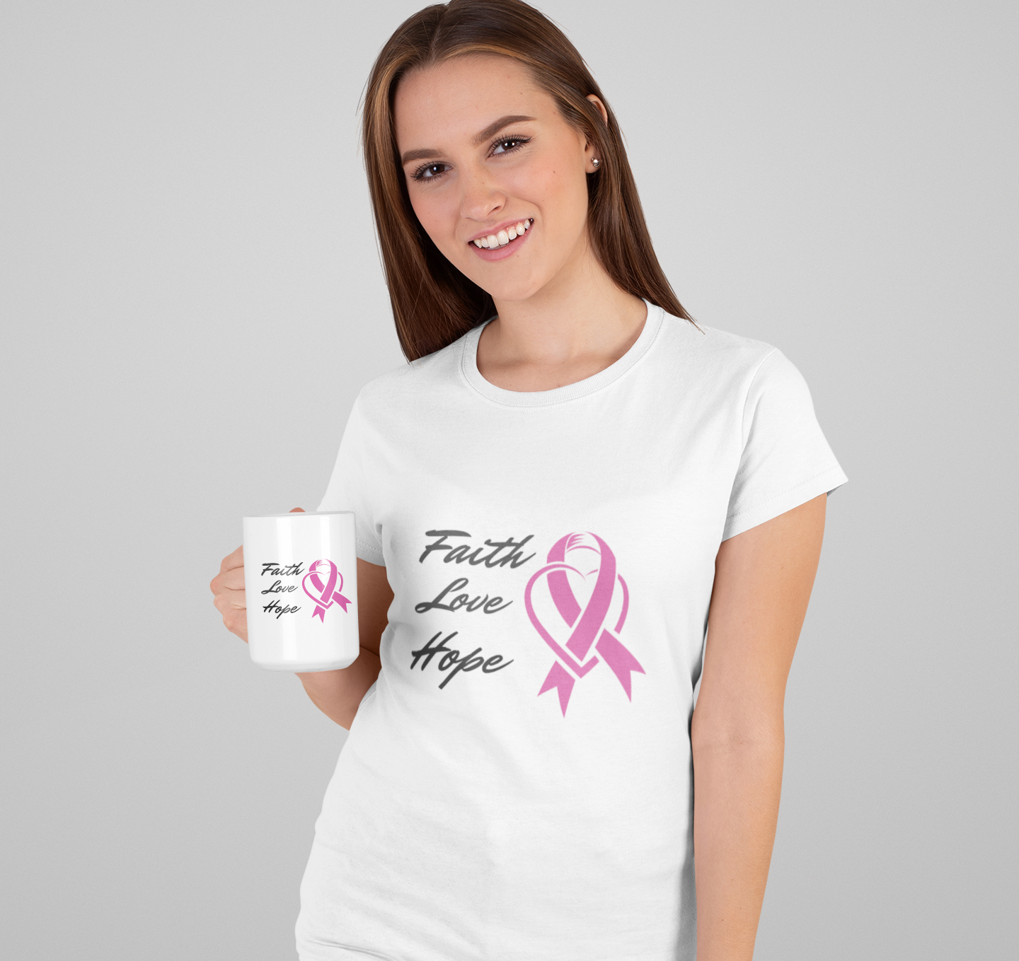 Faith Love Hope Pink Ribbon Theme T-Shirt in soft cotton, featuring a vibrant pink ribbon design for breast cancer awareness.