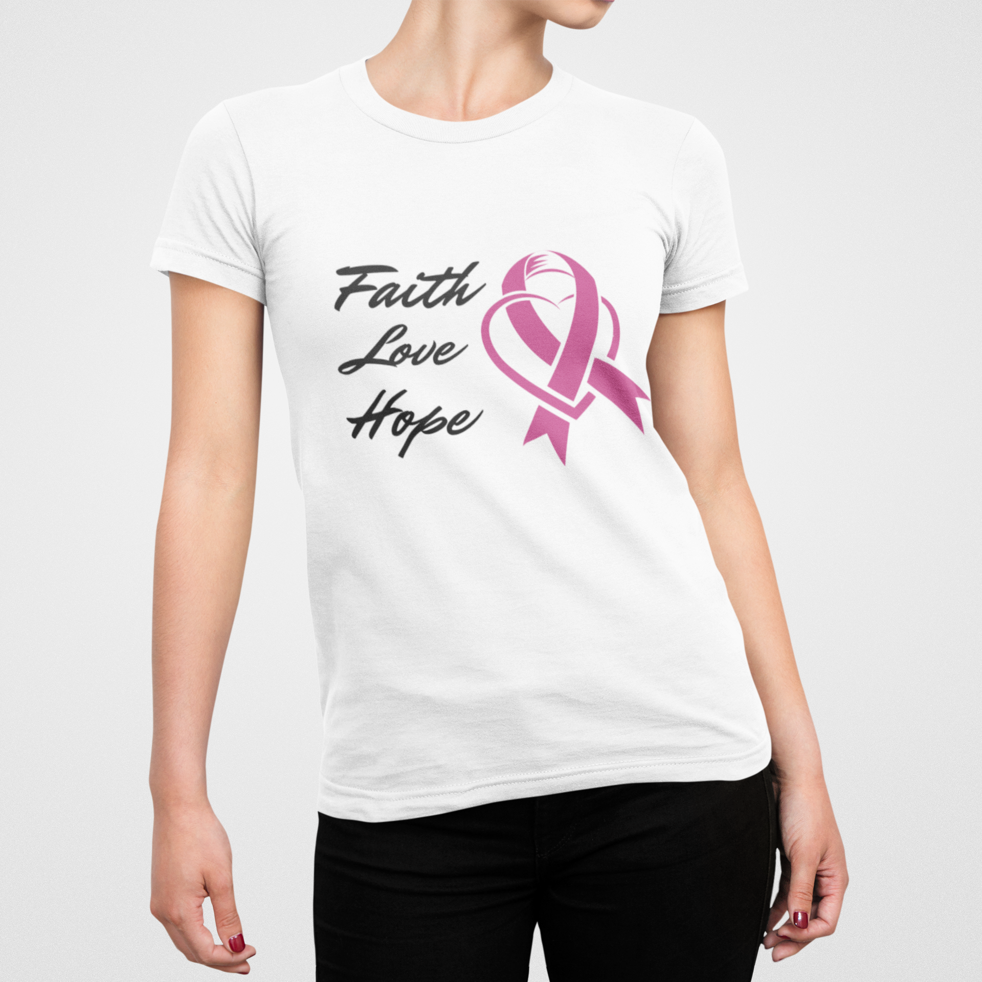 Faith Love Hope Pink Ribbon Theme T-Shirt in soft cotton, featuring a vibrant pink ribbon design for breast cancer awareness.