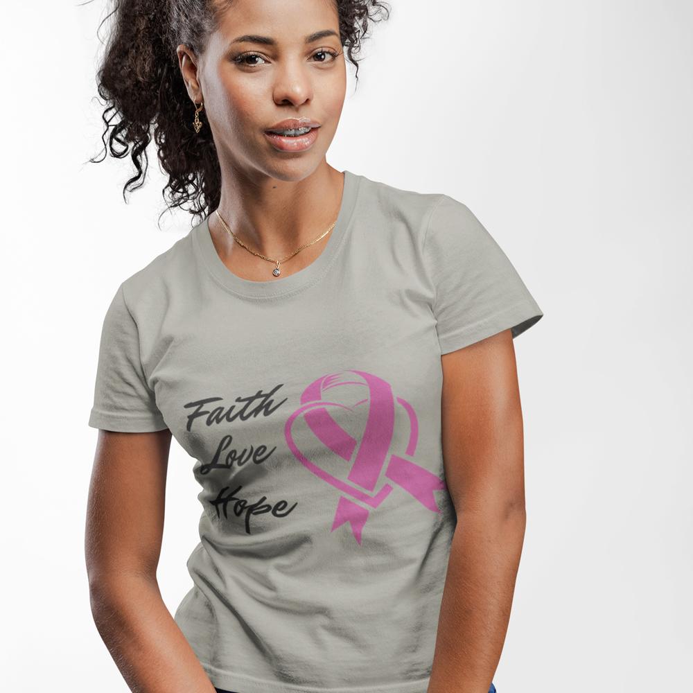 Faith Love Hope Pink Ribbon Theme T-Shirt in soft cotton, featuring a vibrant pink ribbon design for breast cancer awareness.