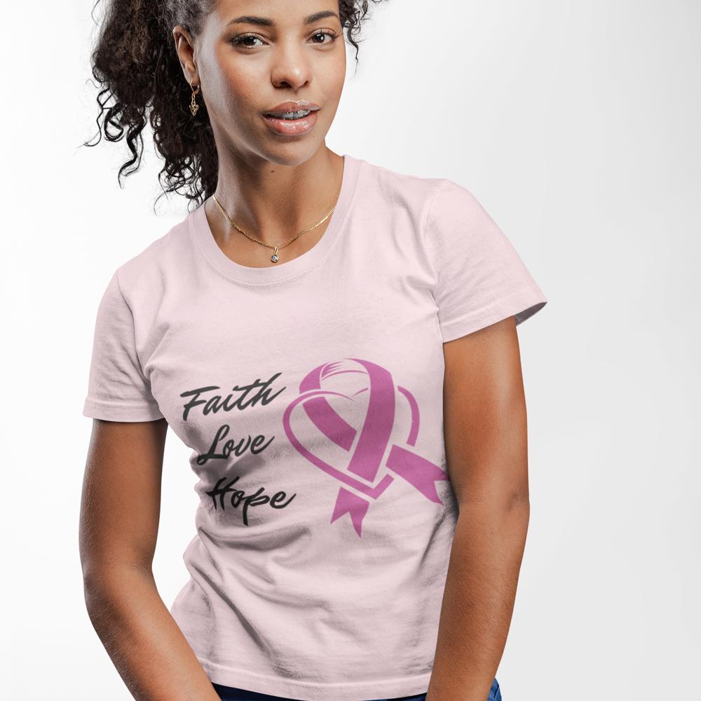 Faith Love Hope Pink Ribbon Theme T-Shirt in soft cotton, featuring a vibrant pink ribbon design for breast cancer awareness.