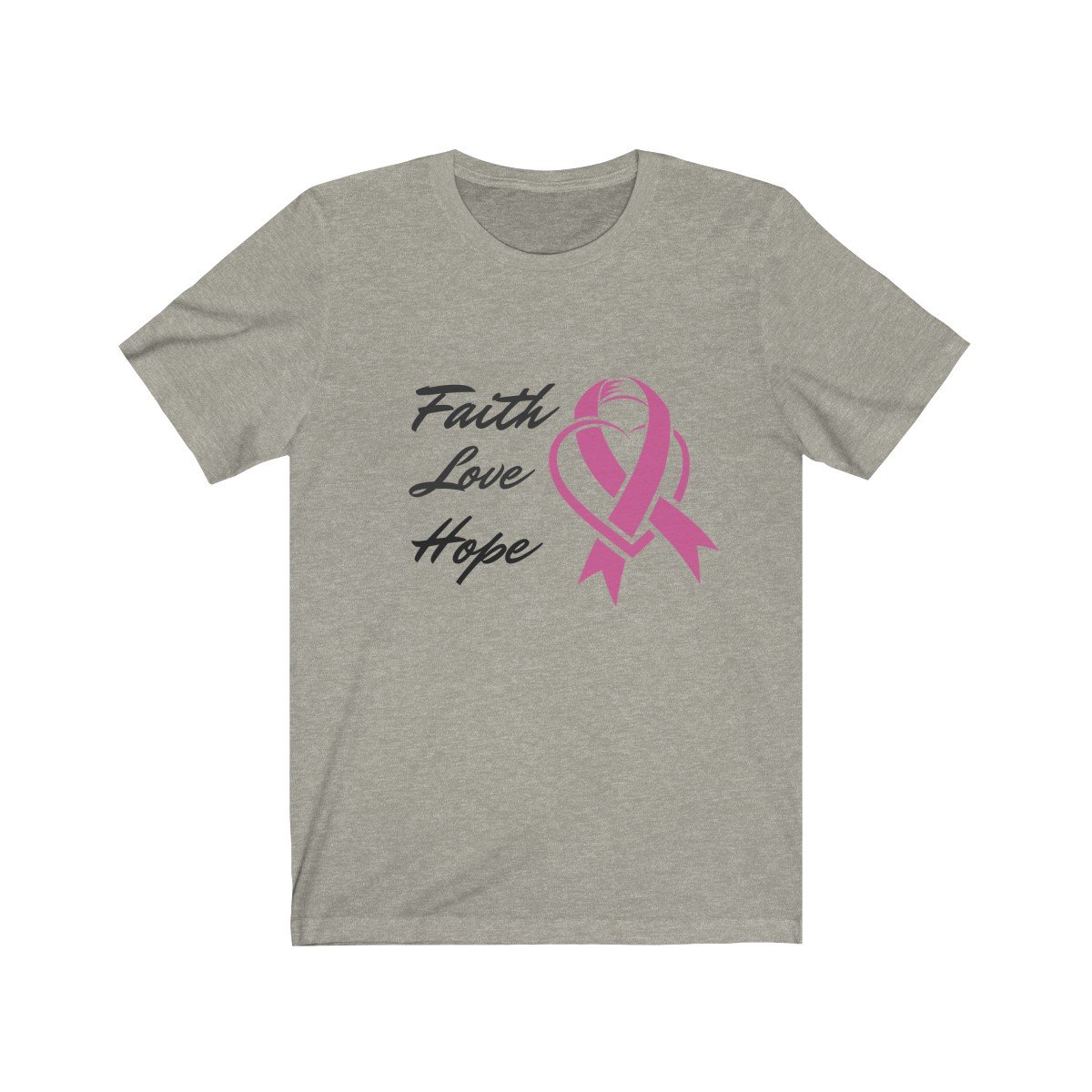 Faith Love Hope Pink Ribbon Theme T-Shirt in soft cotton, featuring a vibrant pink ribbon design for breast cancer awareness.