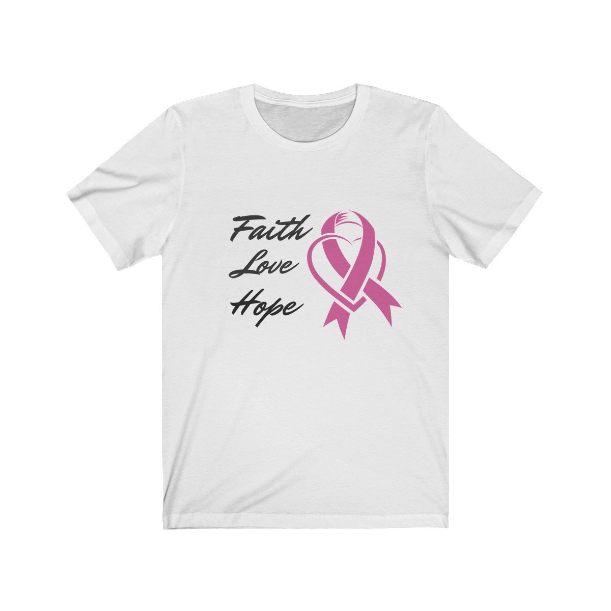 Faith Love Hope Pink Ribbon Theme T-Shirt in soft cotton, featuring a vibrant pink ribbon design for breast cancer awareness.