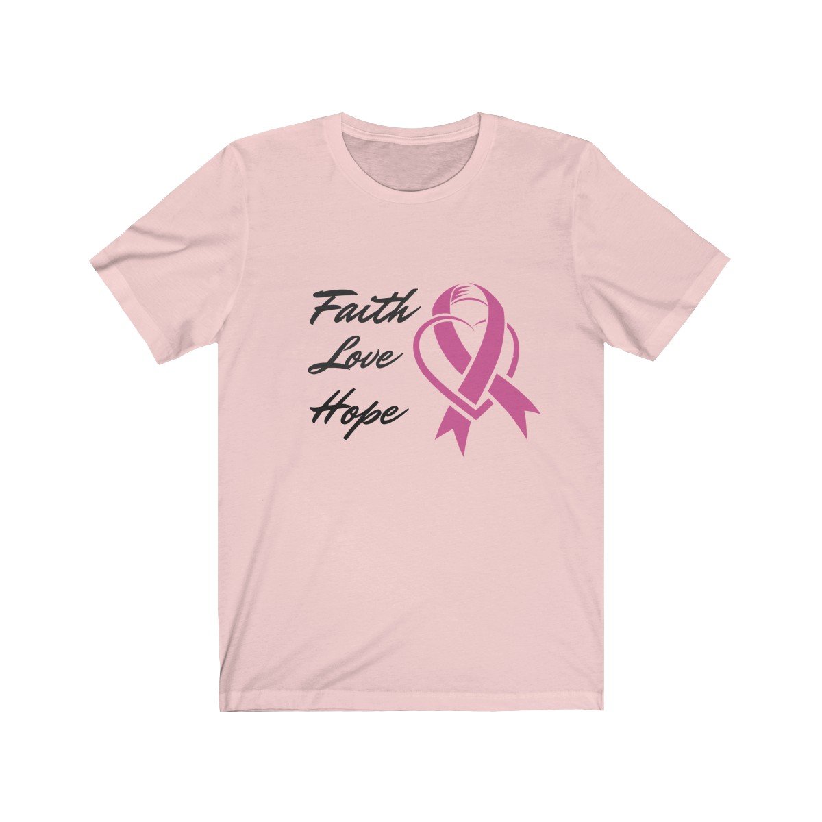 Faith Love Hope Pink Ribbon Theme T-Shirt in soft cotton, featuring a vibrant pink ribbon design for breast cancer awareness.