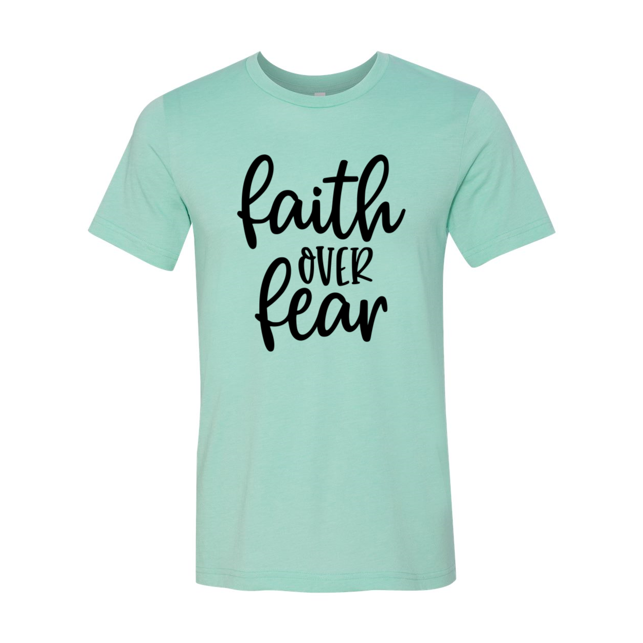 A unisex Faith Over Fear shirt made from soft ring spun cotton, featuring a bold print of the phrase 'Faith Over Fear' in vibrant colors.