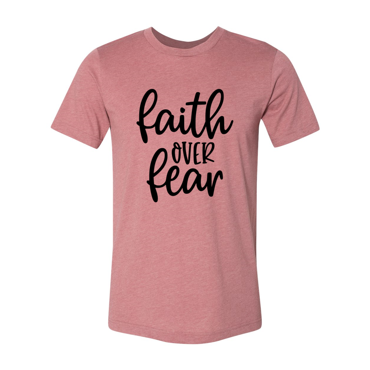 A unisex Faith Over Fear shirt made from soft ring spun cotton, featuring a bold print of the phrase 'Faith Over Fear' in vibrant colors.