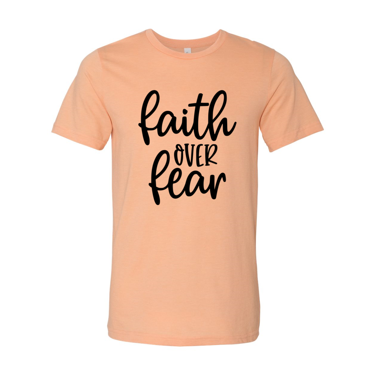 A unisex Faith Over Fear shirt made from soft ring spun cotton, featuring a bold print of the phrase 'Faith Over Fear' in vibrant colors.