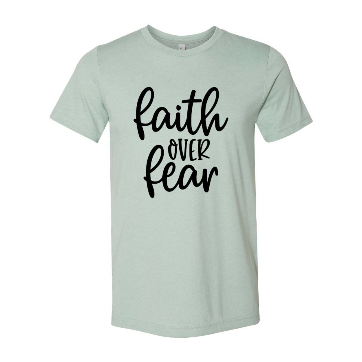 A unisex Faith Over Fear shirt made from soft ring spun cotton, featuring a bold print of the phrase 'Faith Over Fear' in vibrant colors.