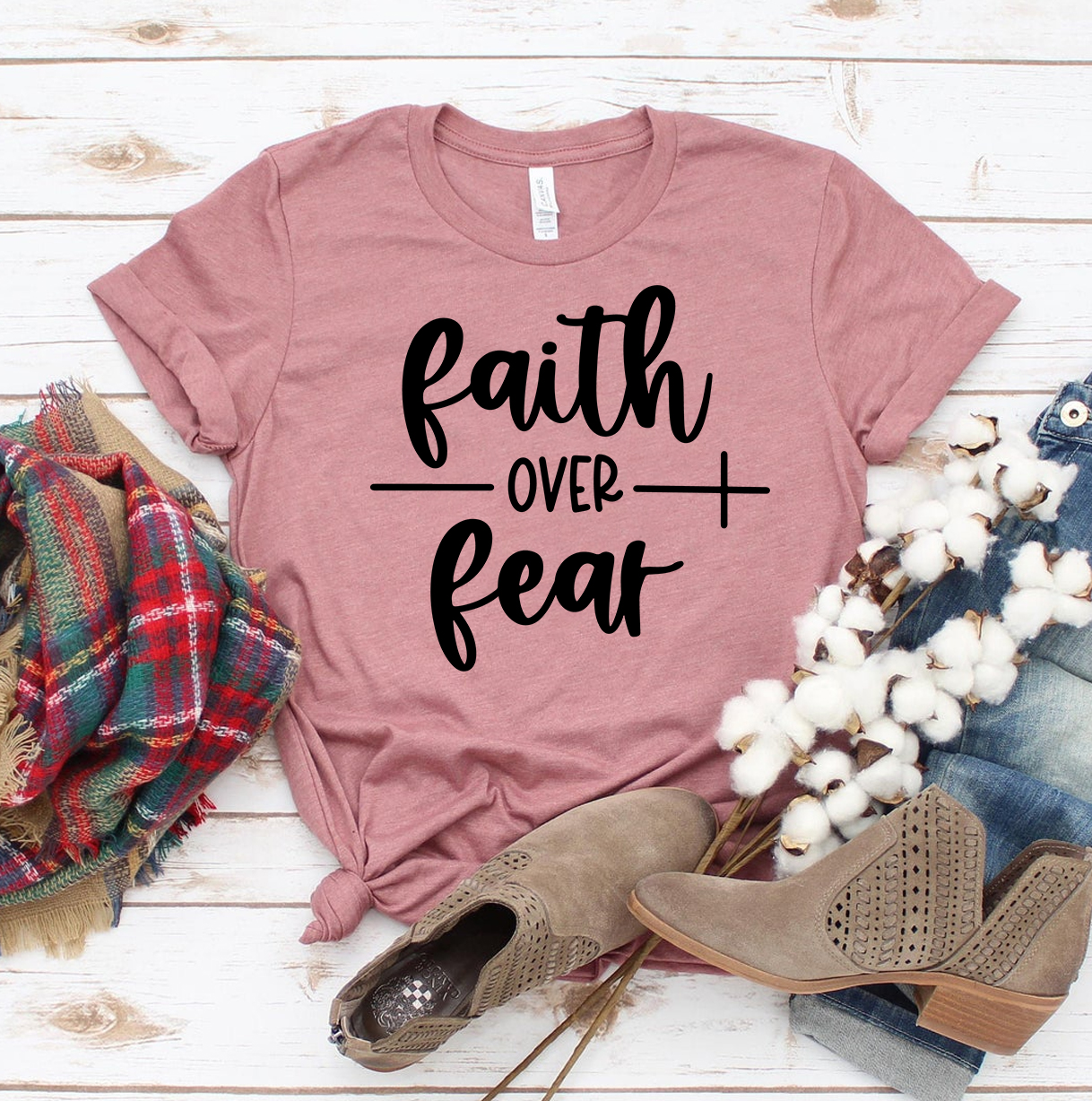 Faith Over Fear T-shirt made from premium ring spun cotton, featuring a soft textile flex print design.