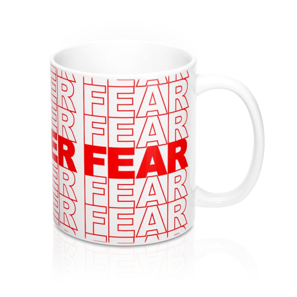 A white ceramic mug with the phrase 'Faith Over Fear' wrapped around it, featuring a comfortable C-handle and rounded corners.