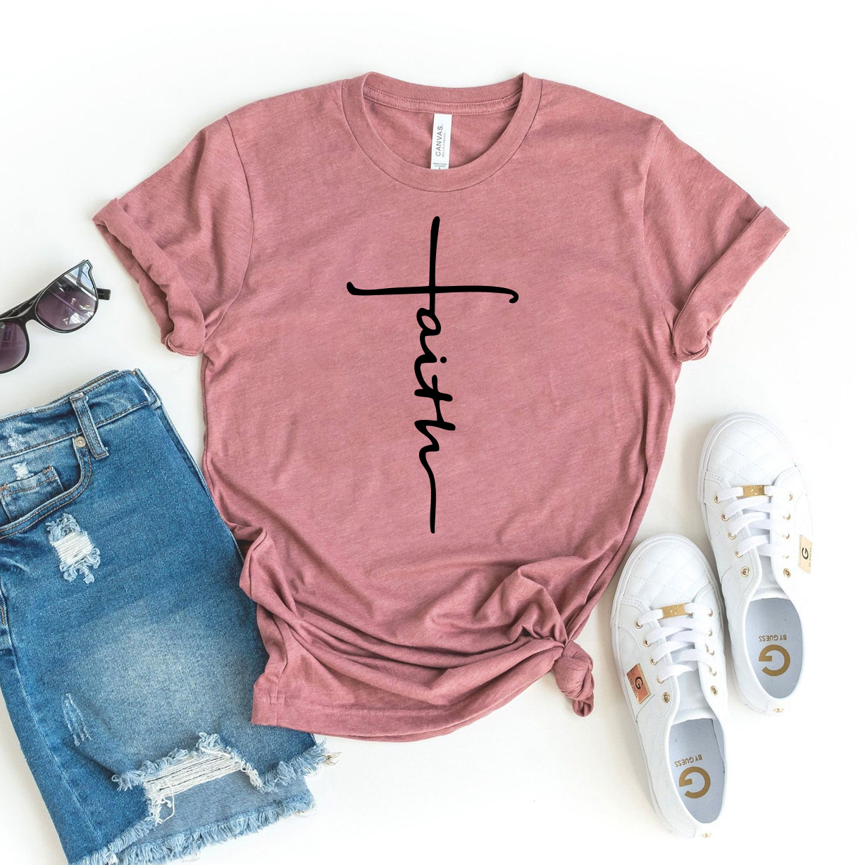 Faith T-shirt made from premium ring spun cotton, featuring a soft textile flex print design in various sizes.