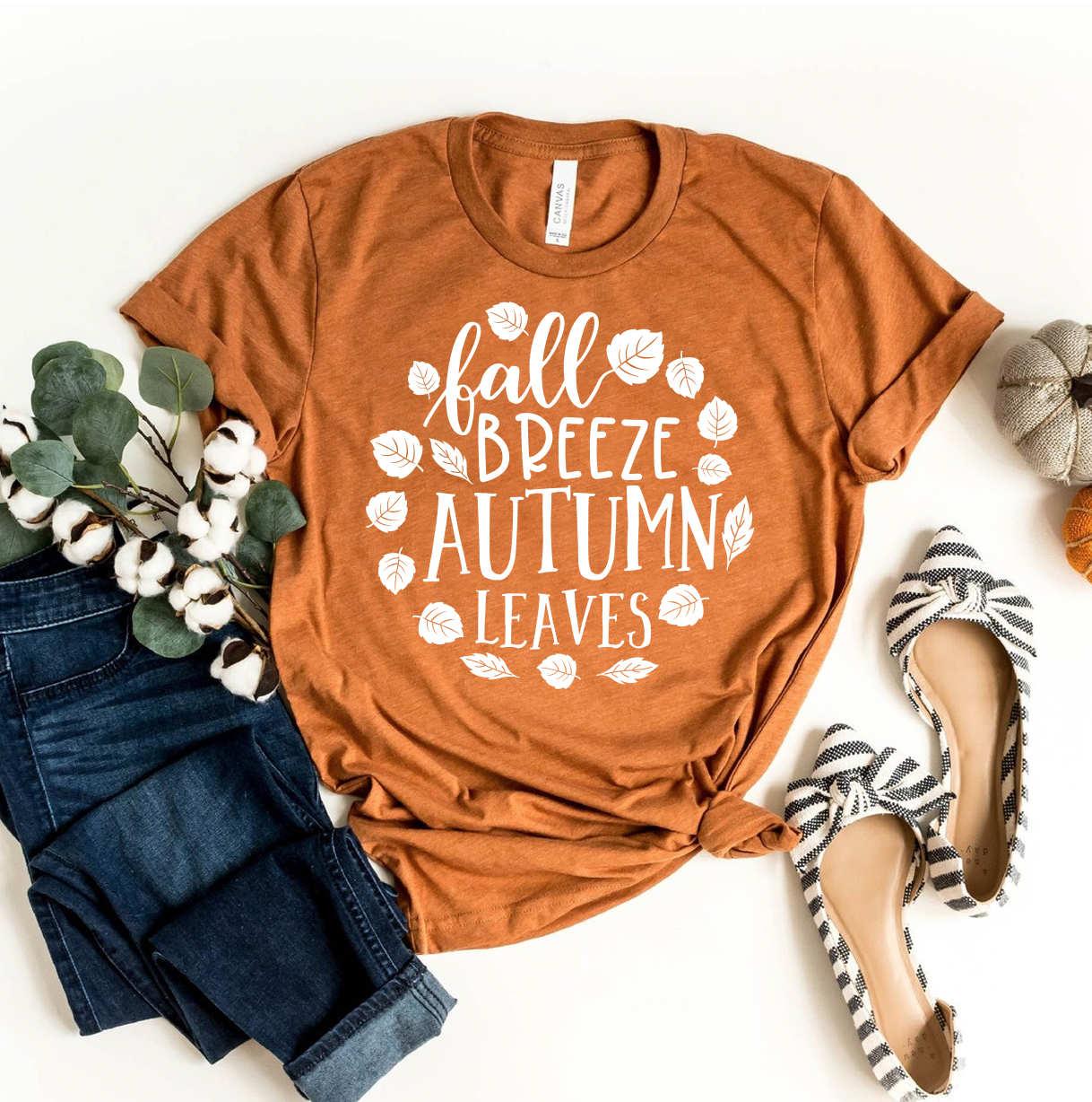 Fall Breeze Autumn Leaves T-shirt featuring vibrant autumn leaf design on premium ring spun cotton fabric.