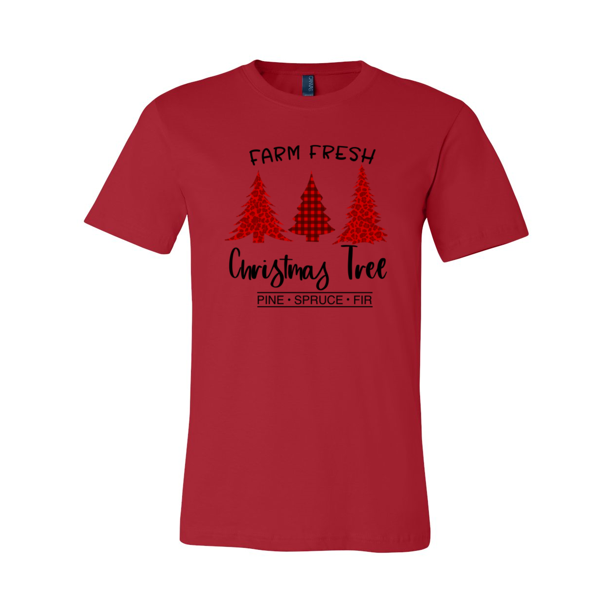 A festive unisex T-shirt featuring a Farm Fresh Christmas Tree design, made from soft ring-spun cotton, available in multiple colors.