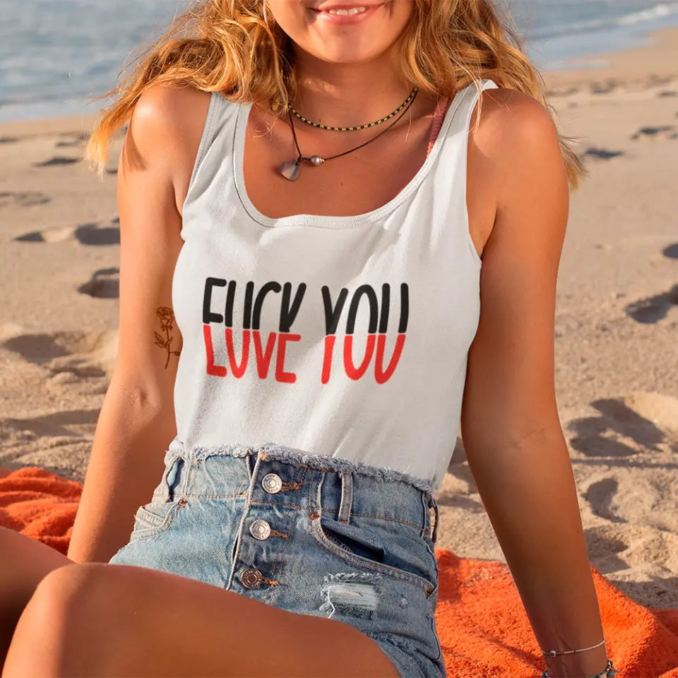 F*ck You, Love You Tank Top featuring a bold graphic design, semi-fitted style, and curved hem, made from soft cotton-polyester blend.