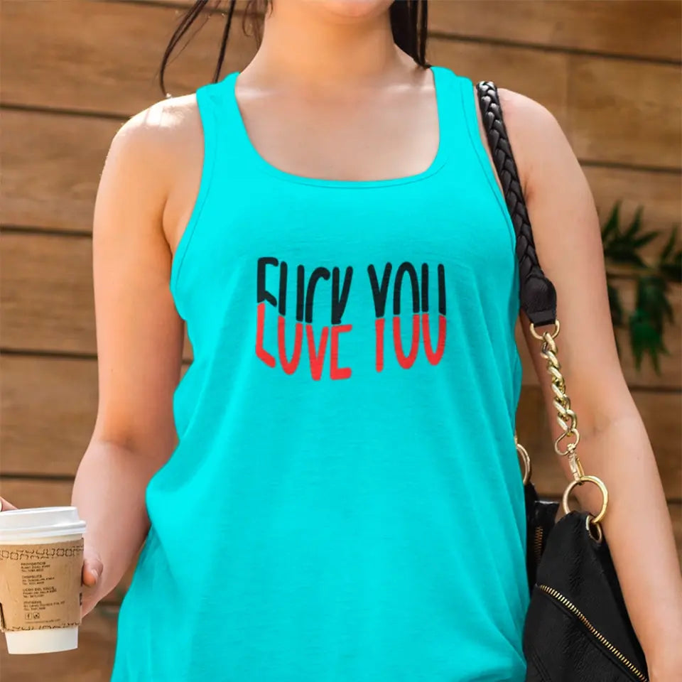 F*ck You, Love You Tank Top featuring a bold graphic design, semi-fitted style, and curved hem, made from soft cotton-polyester blend.