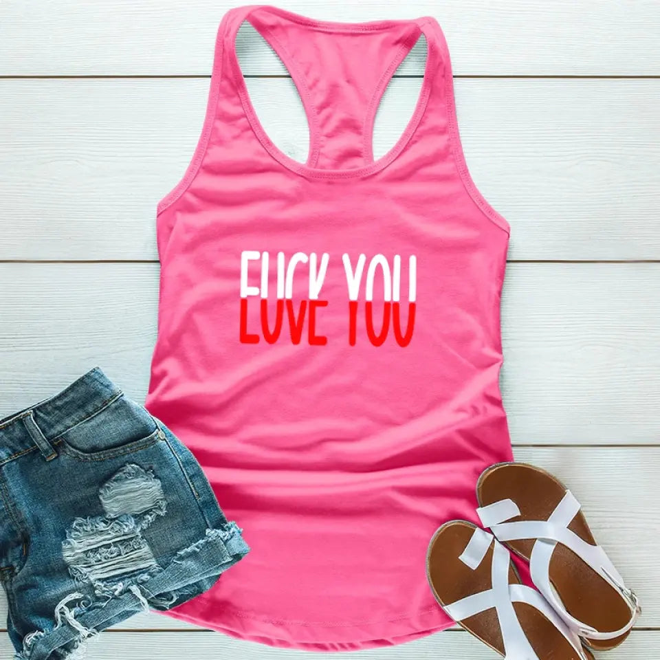 F*ck You, Love You Tank Top featuring a bold graphic design, semi-fitted style, and curved hem, made from soft cotton-polyester blend.