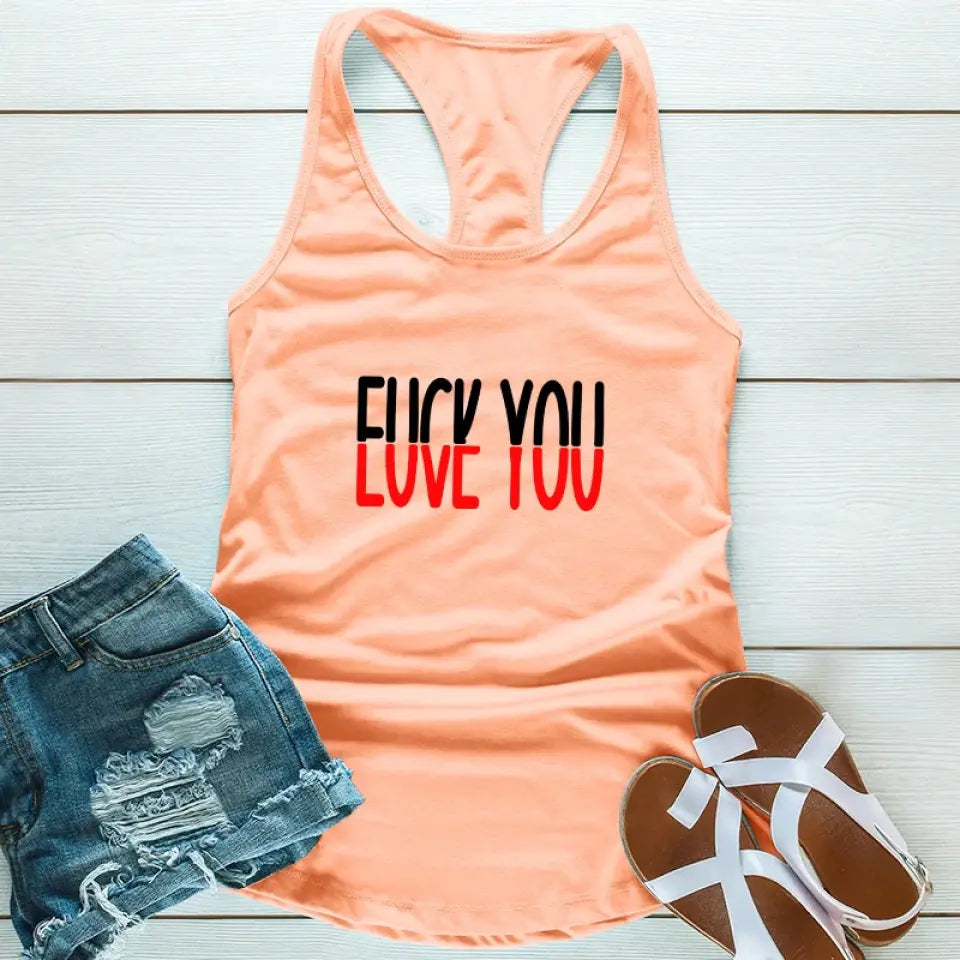 F*ck You, Love You Tank Top featuring a bold graphic design, semi-fitted style, and curved hem, made from soft cotton-polyester blend.