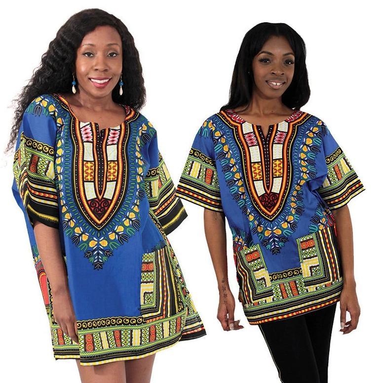 Festival African Dashiki Dress Shirt in royal blue, made from 100% cotton, showcasing a vibrant and versatile design.