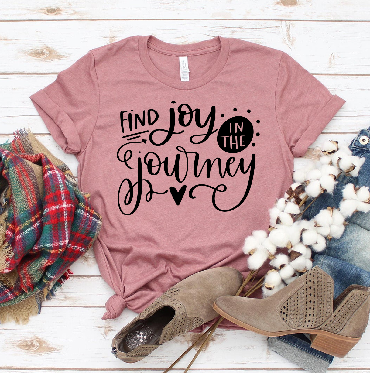 Find Joy In The Journey T-shirt made of premium ring spun cotton, featuring a vibrant flex print design, available in various sizes.