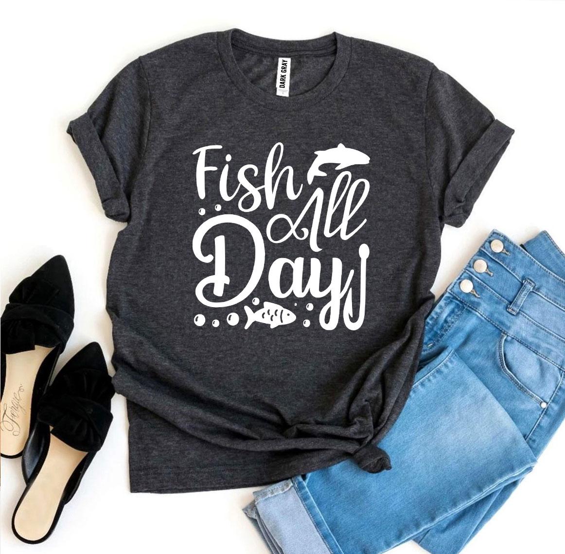 Fish All Day T-shirt made of premium ring spun cotton with a vibrant fishing design.