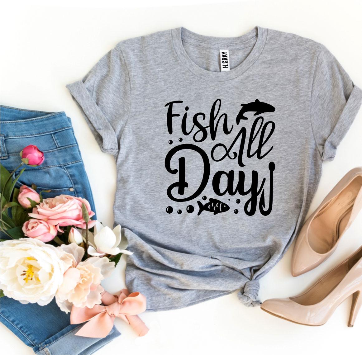 Fish All Day T-shirt made of premium ring spun cotton with a vibrant fishing design.