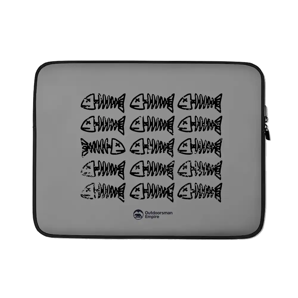 Fish Bones' padded zipper laptop sleeve with faux fur lining, showcasing a sleek design and durable neoprene material.