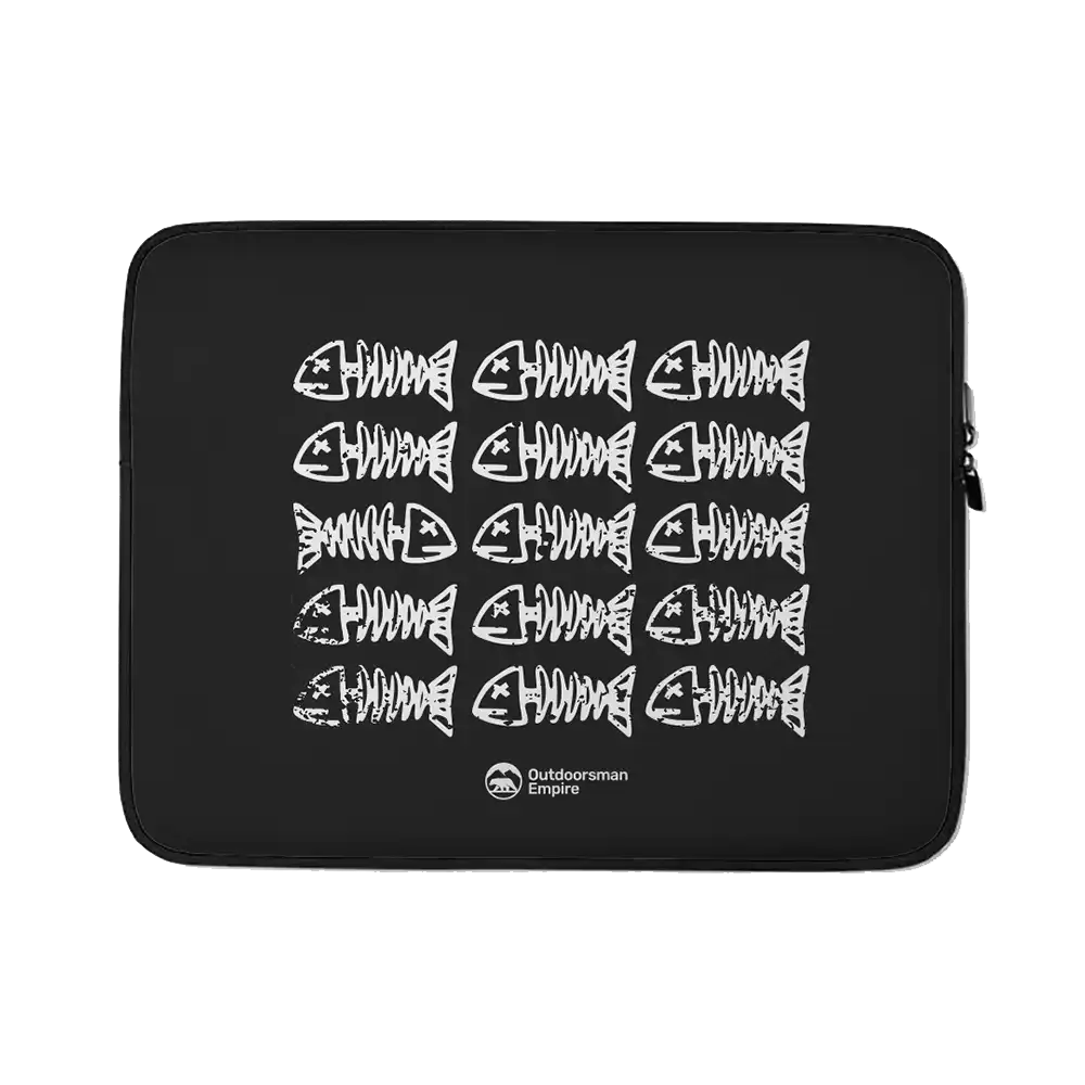 Fish Bones' padded zipper laptop sleeve with faux fur lining, showcasing a sleek design and durable neoprene material.