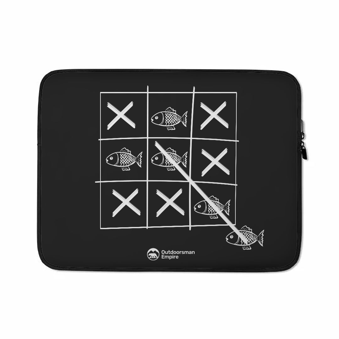 Fish Tick Tack Toe Laptop Sleeve featuring a playful fish design, padded zipper, and faux fur lining for protection and style.