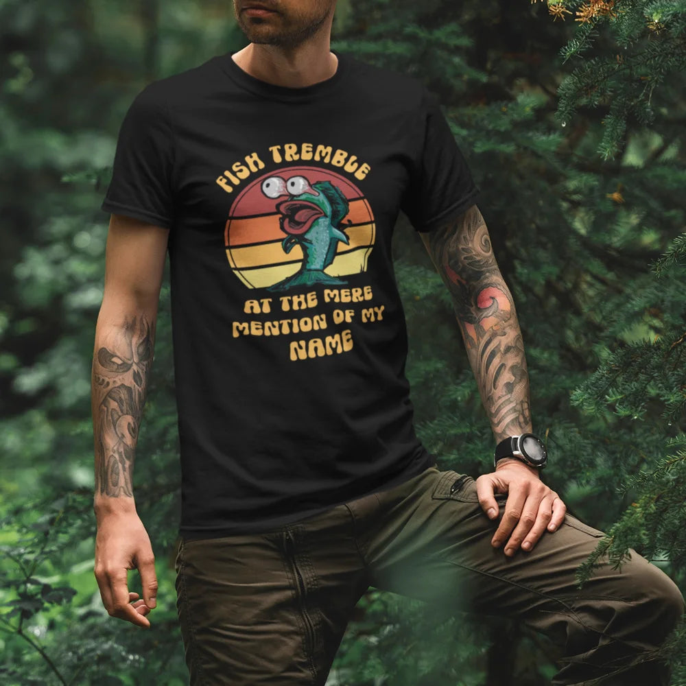 Fish Tremble Man T-Shirt featuring a unique design, made from 100% Ringspun Cotton, perfect for casual wear.