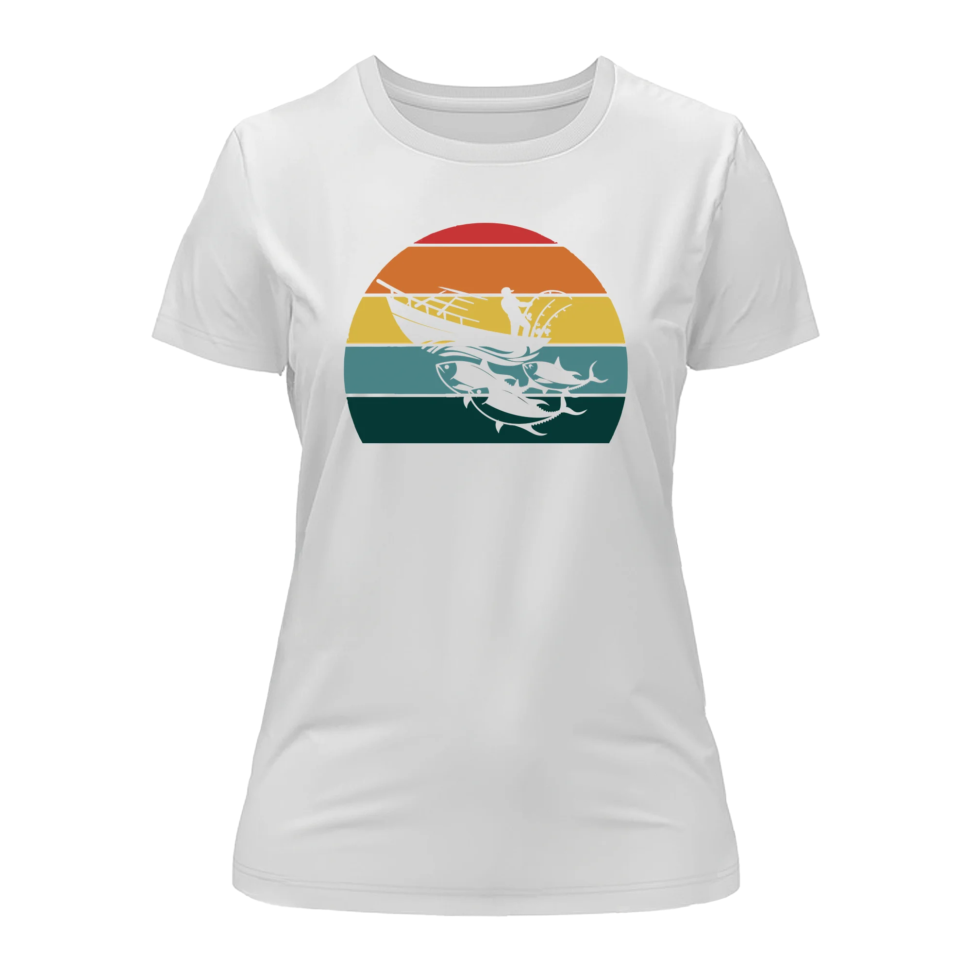 A stylish Fishing Boat T-Shirt for Women featuring a unique fishing-themed design, made from soft ringspun cotton.