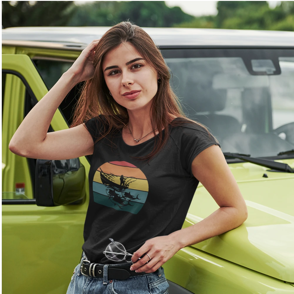 A stylish Fishing Boat T-Shirt for Women featuring a unique fishing-themed design, made from soft ringspun cotton.