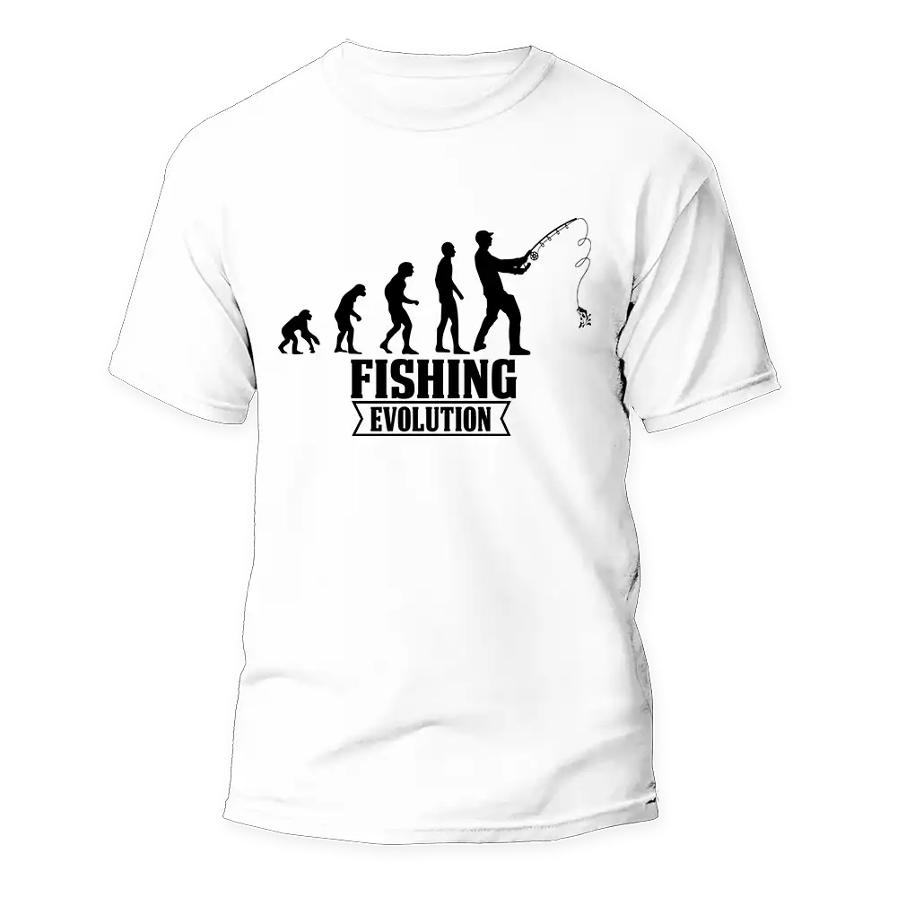 Fishing Evolution Man T-Shirt featuring a unique design showcasing the evolution of fishing, made from 100% Ringspun Cotton.