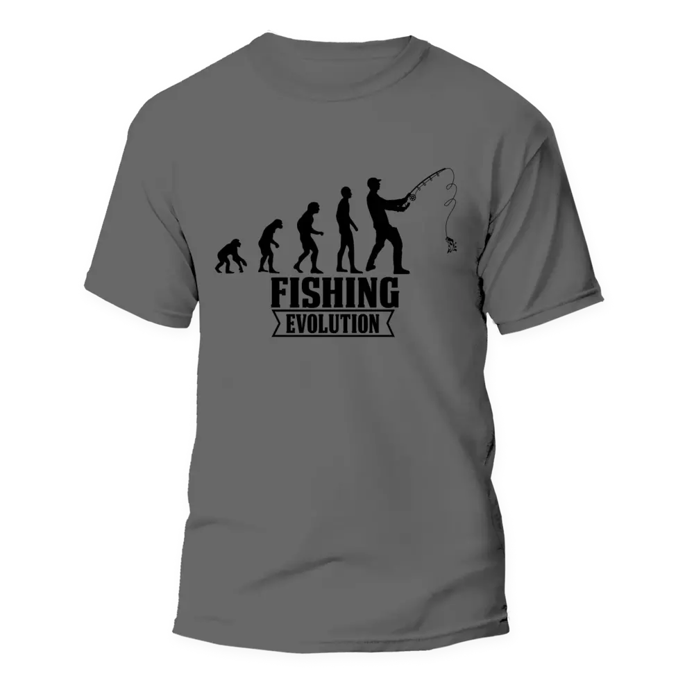 Fishing Evolution Man T-Shirt featuring a unique design showcasing the evolution of fishing, made from 100% Ringspun Cotton.