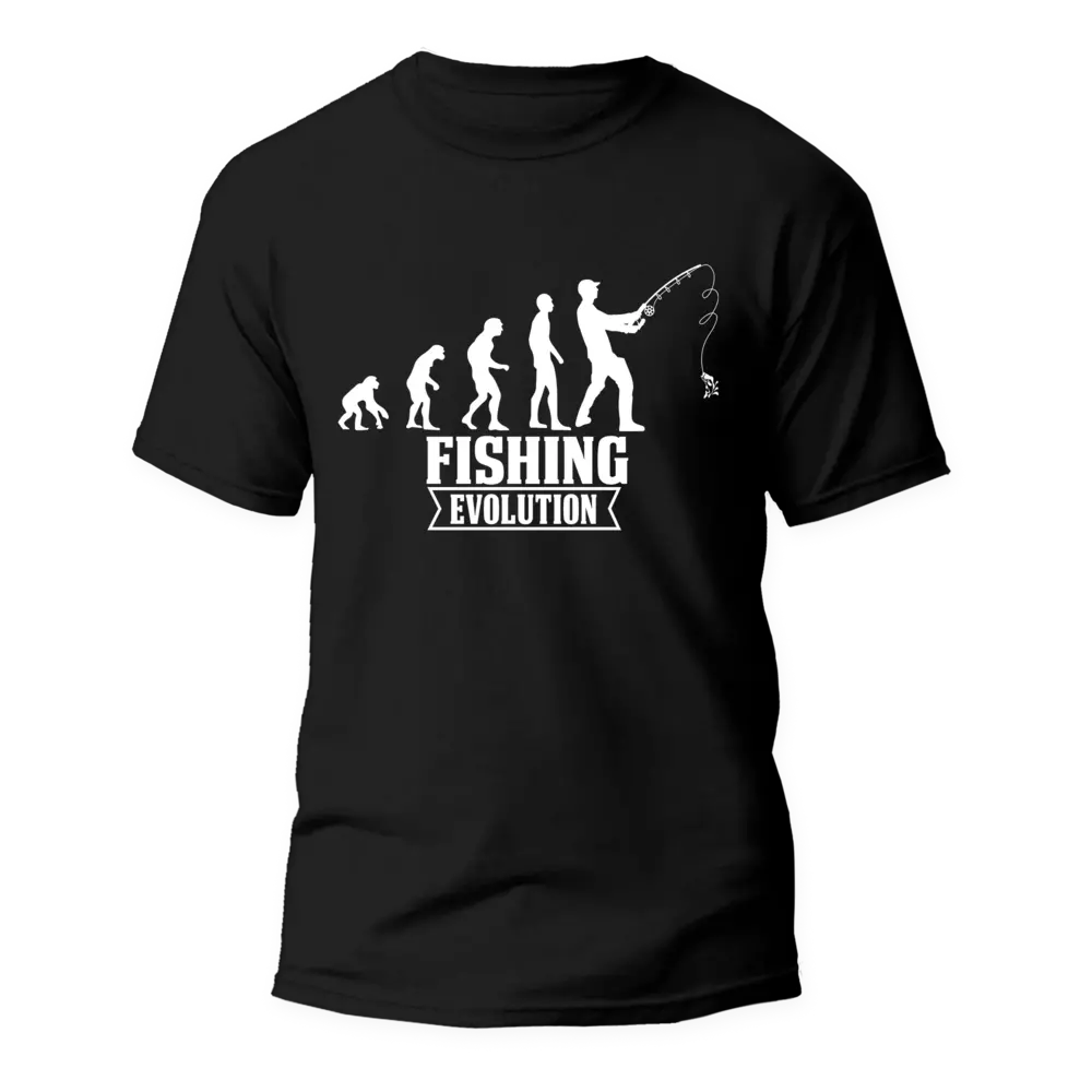 Fishing Evolution Man T-Shirt featuring a unique design showcasing the evolution of fishing, made from 100% Ringspun Cotton.